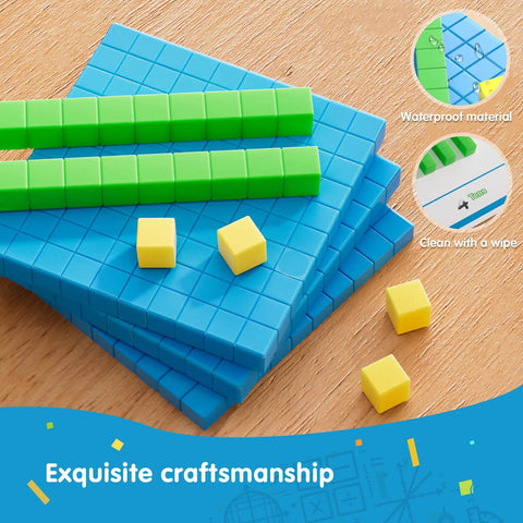 Base Ten Blocks With Place Value Chart Math Manipulatives For Kids Counting Blocks shown with green rods and yellow cubes on a wooden surface.