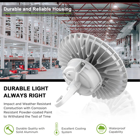 150W LED High Bay Light Hella Bright For Warehouses And Gyms IP65 Wet Location Dimmable 1-10V 21000 Lumens 5000K White ETL Certified 5 Ft Cable Impact-Resistant Glass Lens Wide-Beam Diffused Lighting 2 Pack in a modern warehouse setting.