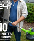 A person holding a 12 inch cordless string trimmer from the '24V Cordless Combo Kit' for easy outdoor yard work.