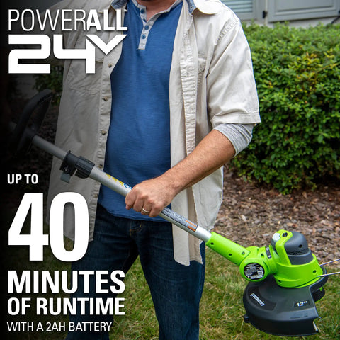 A person holding a 12 inch cordless string trimmer from the '24V Cordless Combo Kit' for easy outdoor yard work.
