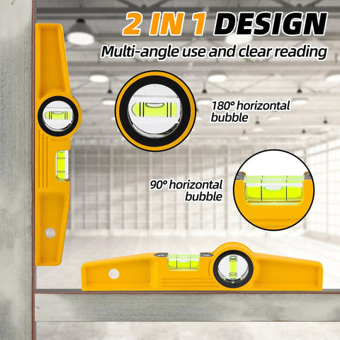 Shop Tested Ten Inch Aluminum Die Cast Magnetic Torpedo Level With Badass Rare Earth Magnet and Crew Approved Heavy Duty Holster for Scaffolding and Drywall Layout featuring 2 in 1 design and multi-angle use.
