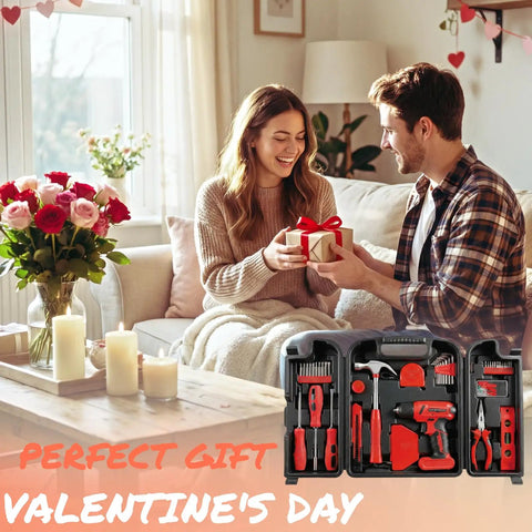 Couple exchanging gift with Grab And Go 101 Piece 8V Cordless Drill Set With USB C Recharge, tool kit visible, Valentine's Day theme