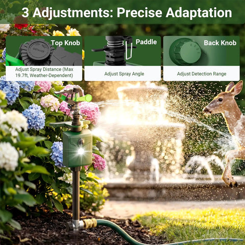 Solar Powered Motion Activated Sprinkler Deterrent for Yard with flashing lights, showing adjustment features and deer being repelled