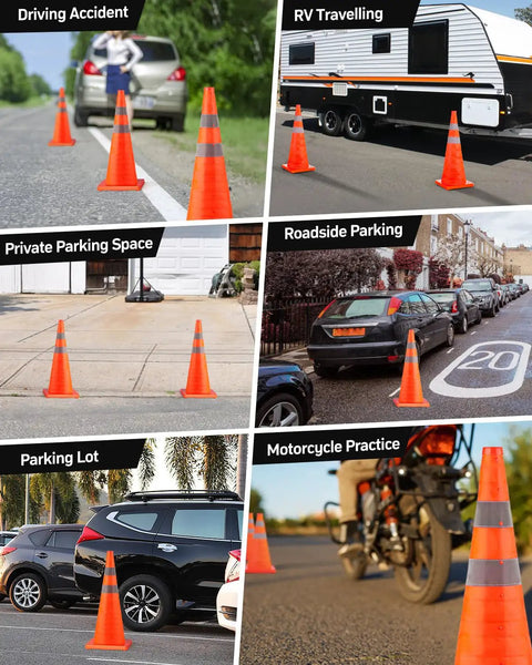 Two Pack 28 Inch Collapsible Traffic Safety Cones With Reflective Collar in various parking and practice scenarios.