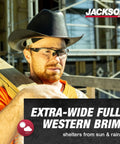 Man wearing Cowboy Style Nonvented Full Brim Hard Hat With 4 Point Ratchet Suspension ANSI Z89.1 Type 1 Class E OSHA Compliant Safety Helmet