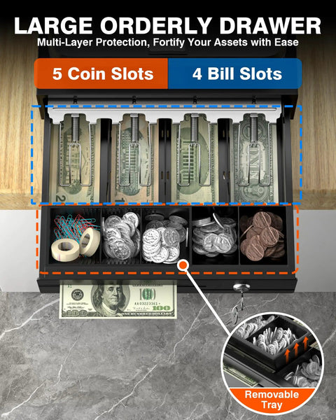 Cash Register With Fast 30 FPS Barcode Scanner And Multiport Connectivity Locking Cash Drawer Box showing open cash compartments.