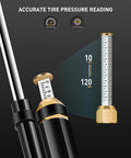 Heavy Duty Tire Inflator With Pressure Gauge And 16.5 Inch Extended Dual Head Air Chuck showing 10-120 PSI range