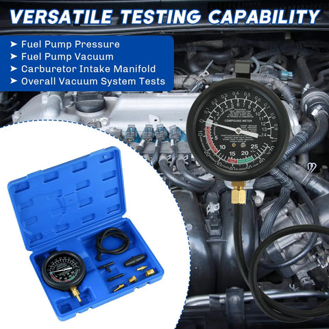 Pro Grade Fuel Pump And Vacuum Tester Gauge Kit For Quick Engine Checks Including Fuel Pump Pressure And Vacuum, Carburetor Intake Manifold And Overall Vacuum System Diagnostics For D IY Mechanics in blue case