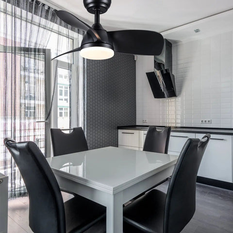 Black Ceiling Fan With Lights And Remote 28 Inch Modern Ceiling Fan With Quiet DC Motor in a modern kitchen.