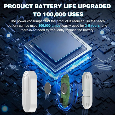 Wireless Door Chime with 800 ft Range, 55 Chimes and 5 Adjustable Volume Levels; sensor and circuit board close-up on blue