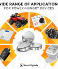 Straight Up Reliable Cr2450 3V Lithium Coin Battery 5 Pack With Child Safe Packaging And Leak Proof Design Featuring 610 Mah Capacity Plus A Full Ten Year Warranty Built To Power Watches Medical Remote Controls And Home Electronics Without Skipping A displayed with various devices like watches, scales, and car keys.