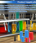 Dope 110 Pack Silicone Rubber Plugs Set For Coating And Painting Protection displayed with test tubes and colors