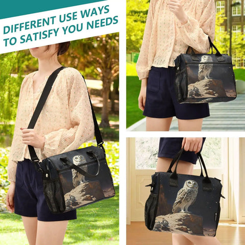 Person carrying insulated lunch tote with owl desert landscape print for women and men, reusable with top-notch insulation and strap