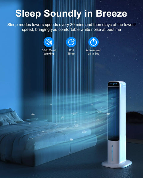 Portable Swamp Cooler Evaporative Air Conditioner 41 Inch With 120 Degree Oscillation next to a bed in a dimly lit room.