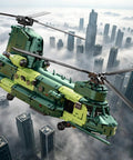 Motorized Military Helicopter Building Blocks Kit With 1826 Pieces Remote Control Rotor Army Airplane Model flying over city.