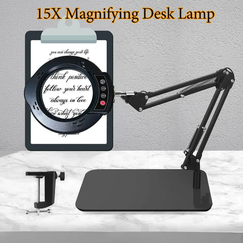 15X Magnifying Desk Lamp With Clamp And Base featuring 5 color modes and 10-level brightness, 4.2-inch reading magnifier.