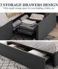 Full Size Platform Storage Bed Frame With Three Smooth Rolling Drawer Pulls Upholstered In Dark Grey Linen Fabric Over Heavy Duty Metal Supports showing storage drawers.