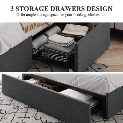Full Size Platform Storage Bed Frame With Three Smooth Rolling Drawer Pulls Upholstered In Dark Grey Linen Fabric Over Heavy Duty Metal Supports showing storage drawers.