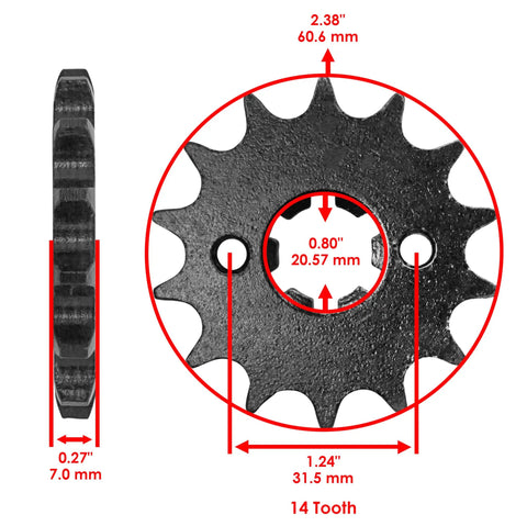 Front sprocket specifications of Beefy Drive Chain And Sprocket Kit For Polaris Sportsman 90 2007-2014, 14 tooth, dimensions labeled.