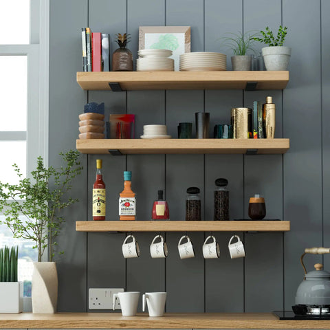 Heavy Duty 6 Pack Floating Shelf Brackets 10 Inch Hidden L Brackets for DIY Rustic Industrial Shelves in Modern Black Iron Finish Holds Up to 200 Lbs Easy Install Tough as Nails supporting kitchen shelves.