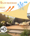 Triangle Shade Sail 12 Ft By 12 Ft By 17 Ft Sand Outdoor UV Blocking Canopy over patio with chairs and garden plants