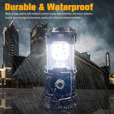 Collapsible Portable LED Camping Lantern 4 Pack waterproof in rain with cityscape background
