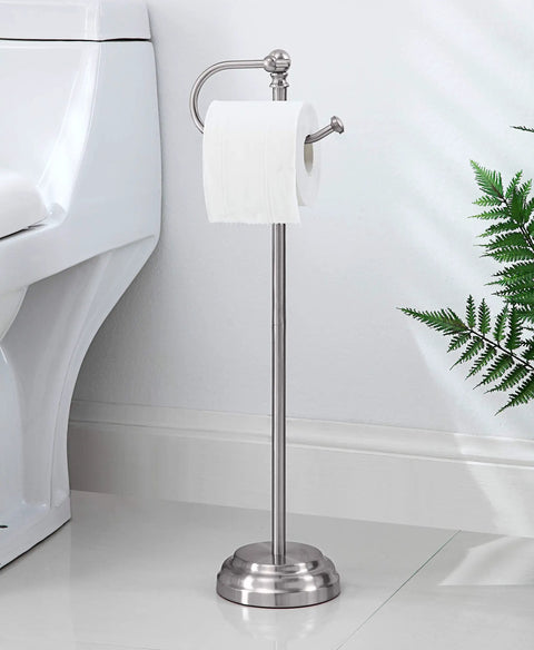 Freestanding Toilet Paper Holder Stand With Weighted Base In Brushed Chrome next to toilet, modern design, easy assembly