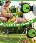 Retractable Garden Hose Reel 100 ft Wall Mounted Auto Rewind with Tangle Free Guide in use watering garden