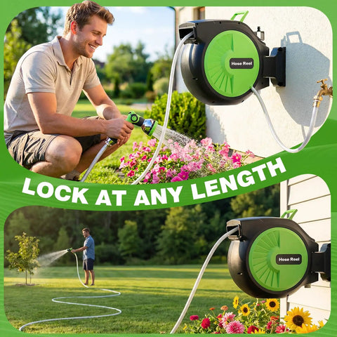 Retractable Garden Hose Reel 100 ft Wall Mounted Auto Rewind with Tangle Free Guide in use watering garden