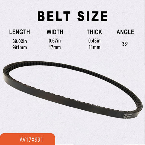 Super Durable AV17X991 Cogged V-Belt 39 Inch Drive Belt For Industrial Machinery With Heat Resistant EPDM Material, size details.