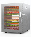 Built Tough Real Deal 14 Tray Stainless Steel Food Dehydrator Electric Dryer with various dried fruits and jerky visible inside.