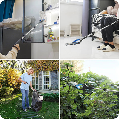 Grabber Reacher Tool 36-inch with foldable anti-slip rotating jaw and magnetic tip; blue accents for seniors.
