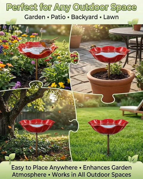 Metal Flower Garden Stake Bird Bath Watering Station for Pollinators in outdoor garden settings