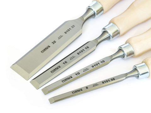 Killer 4 Piece Chisel Set Featuring Legit Cr Mn Steel Blades And Slick Lacquered Wood Handles Pre Sharpened Ready To Hammer, 8 to 32mm size.