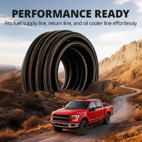 6AN Nylon Braided Fuel Line Kit 20ft Black With CPE Inner, 304 Steel Wire, vehicle on desert road