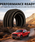 8AN Nylon Braided Fuel Line Kit Twenty Feet Black With Fittings displayed above a red truck on a desert road
