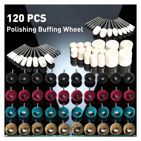 Get Gassed With This Insane 120 PCS Polishing Kit For Your Rotary Tool That Includes Abrasive Buffing Wheels And 1/8 Inch Shank Bits To Make Anything Look Fresh And Totally Clean In A Jiffy! showing various polishing buffing wheels.