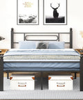 Top Shelf Black Metal Full Bed Frame With Headboard And Steel Slat Base Built Like A Tank For Solid Stability Plus Deep Under Bed Storage in stylish bedroom setting.
