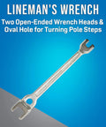 Lineman's B Type Double Ended Wrench, 13 Inch Long, Dual Open Ends Fit Five Eighths and Three Quarters Bolts, Oval Hole for Pole Steps