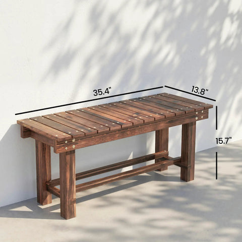 35.4 Inch Wooden Garden Bench With Storage Shelf For Patio And Balcony Two Seater Outdoor Bench In Carbonized Wood Built Tough For The Outdoors With Hidden Storage, side view with dimensions.