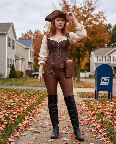 Snag This Solid Leather Waist Bag And Fanny Pack With Durable Adjustable Belt Strap Badass Steampunk Style worn with a pirate costume.