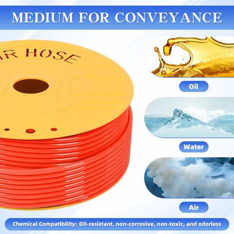 PU Air Hose 6mm OD 4mm ID Orange Polyurethane Pneumatic Tubing 525 Ft Coiled with oil, water and air compatibility icons
