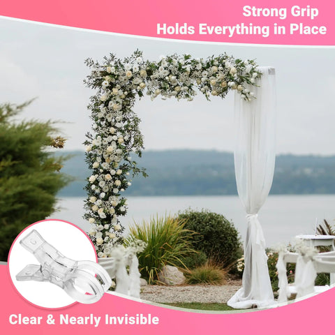 Wedding arch with flowers using 12 Pack Balloon Arch Clips 3.5 Inch Clear Clips for Backdrop Stands, Transparent Spring Clamps