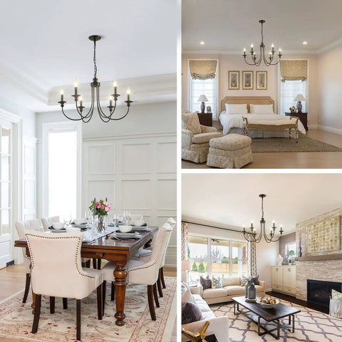Six Light Black Farmhouse Chandelier With Classic Candle Style Modern Ceiling Fixture Adjustable Height Vintage Hanging Light For Dining Room Living Room Kitchen Island Entryway Or Restaurant.