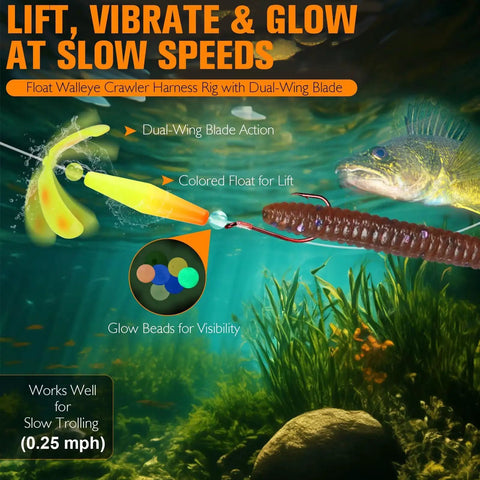 Crawler Harness Walleye Rigs With Dual Wing Blade Inline Float Glow Beads Fluorocarbon Worm Harness Size 2 Red Octopus Hooks