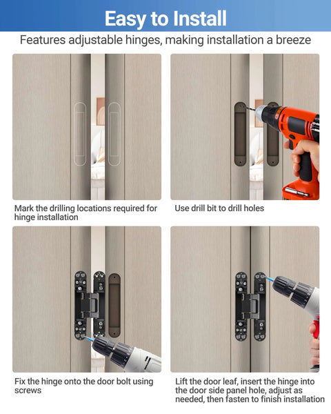 Upgraded Invisible Door Hinges 2 Pack Black 6 Inch Concealed Hidden Hinges For Doors With 3 Way Adjustable And 180 Degree Swing Copper Support Heavy Duty 88 Lb Load Bearing installation guide