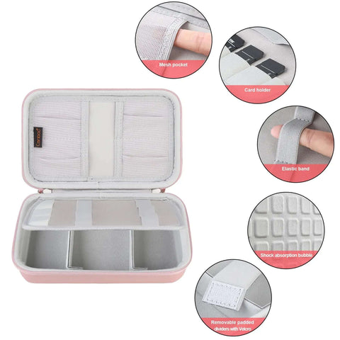 Rock Solid Hard Shell Travel Electronics Organizer Case With Hefty Pockets And Snag Free Elastic Webbing For Cables Chargers Memory Cards And Gadget Storage Solutions opened with mesh pockets and padded dividers.