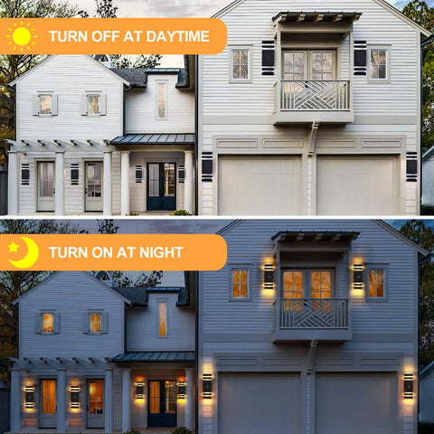 Two Pack Dusk To Dawn Outdoor Wall Lights Up And Down Sconce Black Aluminum Waterproof Exterior Porch Lights 3000K Warm White No Fuss Auto On Off Sensor For House Doorways on house facade, showing daytime off and nighttime on functionality, highlighting automatic sensor operation.