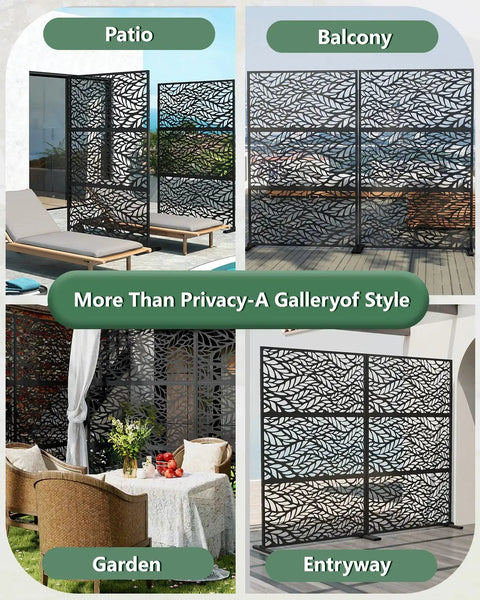 Metal Outdoor Privacy Screen Set Of 2 Freestanding Privacy Fence Panels, 72 Inch High By 47 Inch Wide, Leaf Black Finish in patio and garden settings