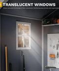 Interior of Sturdy 6x4.4 Ft Outdoor Resin Storage Shed With Reinforced Floor Lockable Door Window And Vent All Weather Bike And Tool Storage For Garden Backyard Patio And Lawn, showing translucent windows and tools organized on the wall.